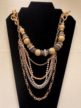 Statement Layered Necklace Set 2 pcs Gold Tone Chunky Beaded Multi Strand Chain